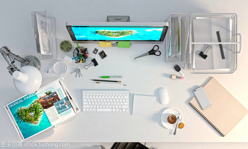 桌面桌上有电脑, 智能手机, 耗材, 高级视图。3d 插图